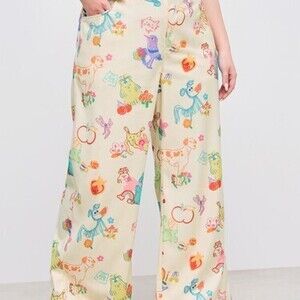 Corduroy Mid Rise Animal & Fruit Graphic Pocket Wide Leg Trousers